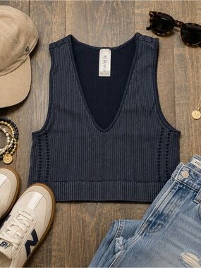 AS Revival Ribbed V-Neck Sports Bra Crop Top Blue Gray S/M